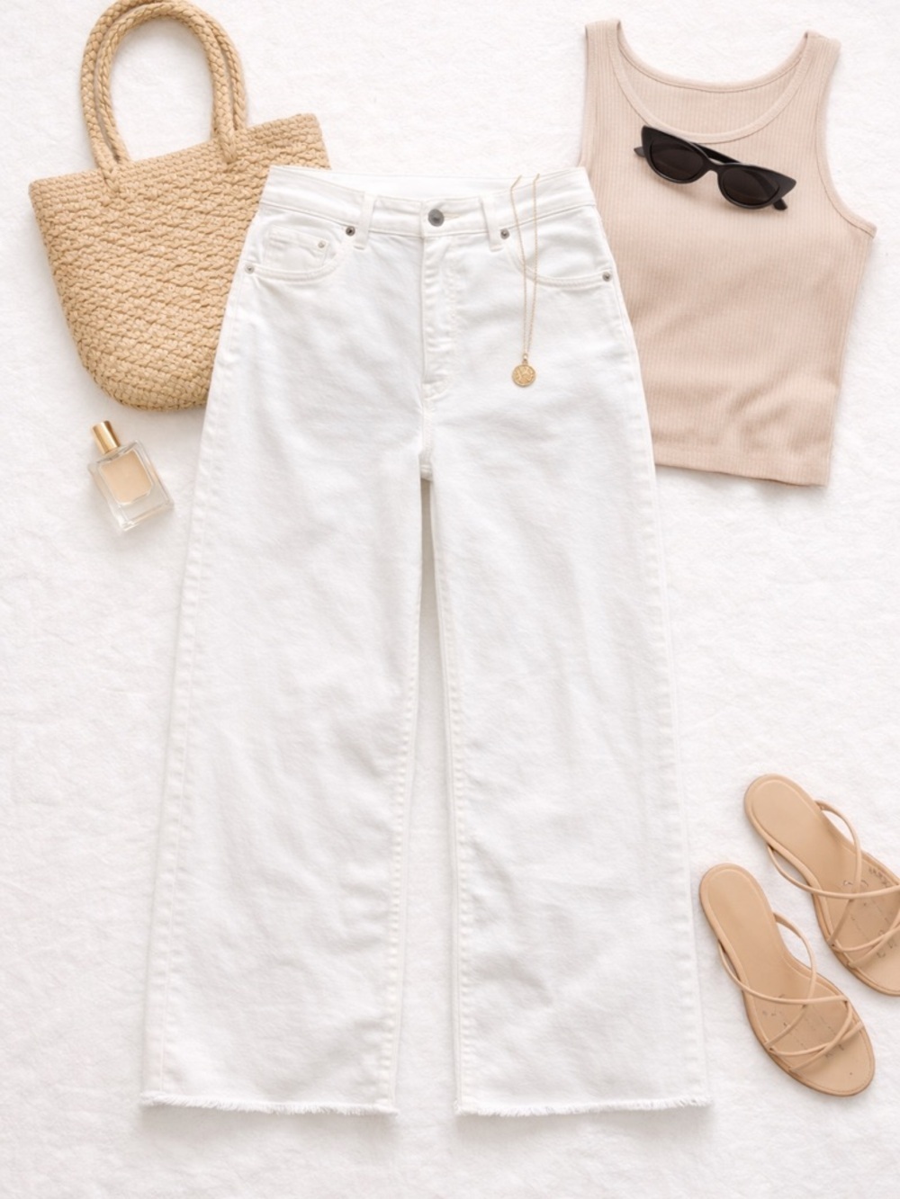 LOFT | Wide Leg Crop Jeans | White Denim Raw Hem | Size 12 - Picture 2 of 6